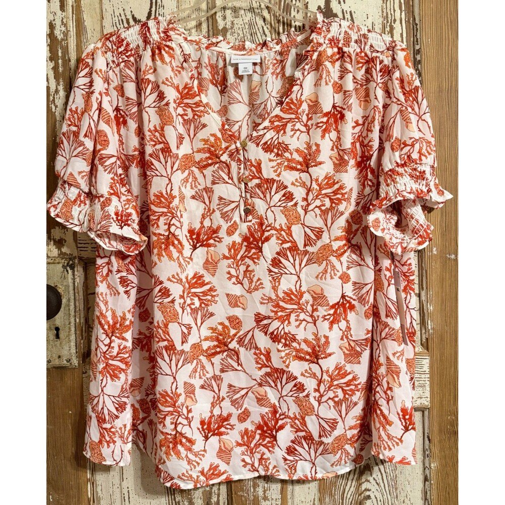 Liz Claiborne Short Sleeve V-Neck Blouse - White Coral - 0X (14W)